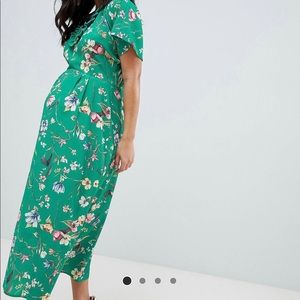 ASOS Queen Bee Maternity Fluted Sleeve Midi Dress Green Floral print